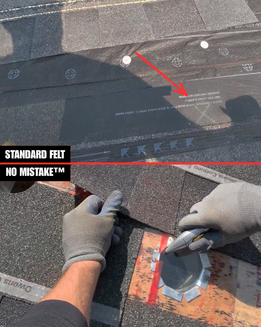 Installer's view, split: standard black felt above with the vent buried underneath, the transparent NO MISTAKE mockup below with the vent opening in plain sight as a shingle goes down.